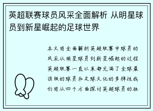 英超联赛球员风采全面解析 从明星球员到新星崛起的足球世界