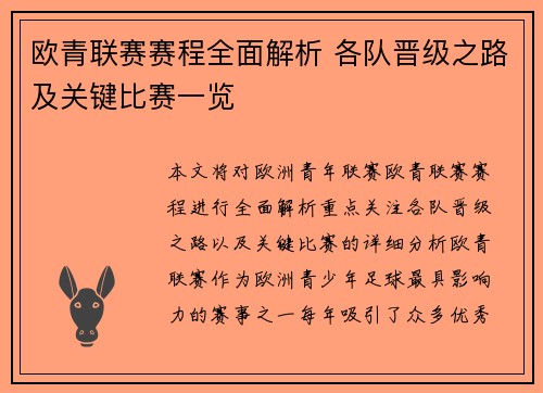 欧青联赛赛程全面解析 各队晋级之路及关键比赛一览