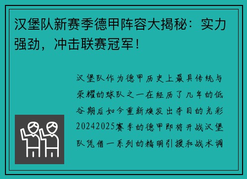 汉堡队新赛季德甲阵容大揭秘：实力强劲，冲击联赛冠军！