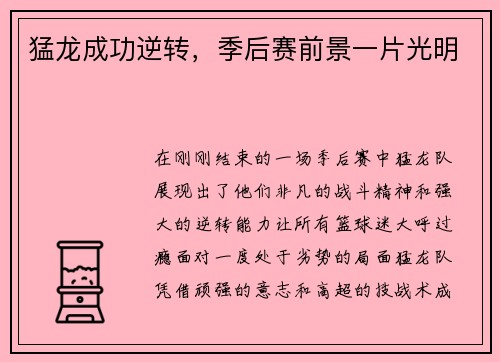 猛龙成功逆转，季后赛前景一片光明