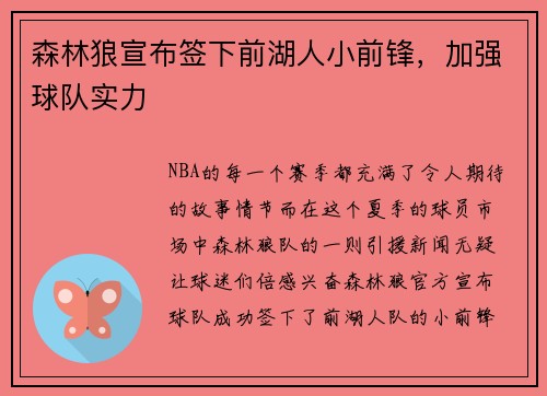 森林狼宣布签下前湖人小前锋，加强球队实力